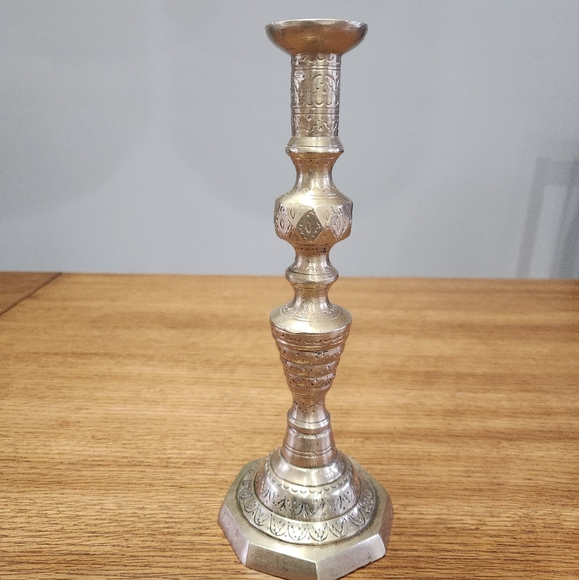 Antique Cast Brass Etched Candlestick Holder - Picture 2 of 11